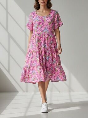 Lilly Pulitzer Pink Floral Jodee Tiered Midi Cotton Swing Dress
